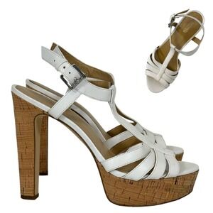Michael‎ Kors Women's Size 8.5 White Leather Cork Platform Strappy Heel Sandals